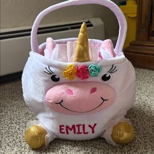 Personalized Unicorn Plush Basket with Gold Horn